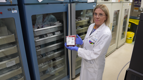 Tracy Verdel, Medical Lab Technologist shows off Victoria and Children’s Hospital’s Transfusion Medicine Laboratory red blood cell supply. Every day there are 400 unit of red blood cells stored at Victoria and Children’s Hospital, with 200 more stored at University Hospital. Plasma lasts up to one-year, red blood cells up to 42 days, while platelets only last one week. With expiry dates, consistent donation is necessary.