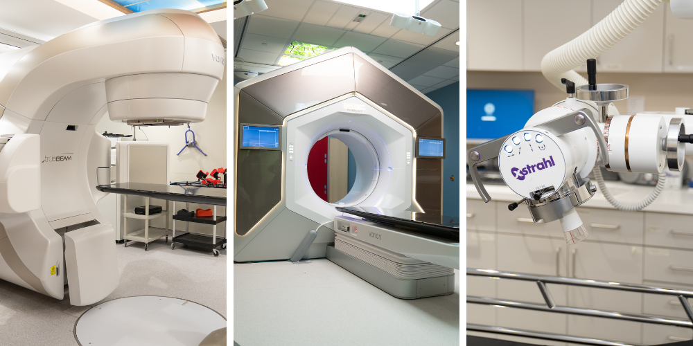 From left to right: Linear accelerator, Ethos linear accelerator, Orthovoltage machine.
