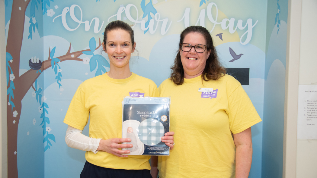 LHSC staff wearing yellow t-shirts that recognize safe sleep practices