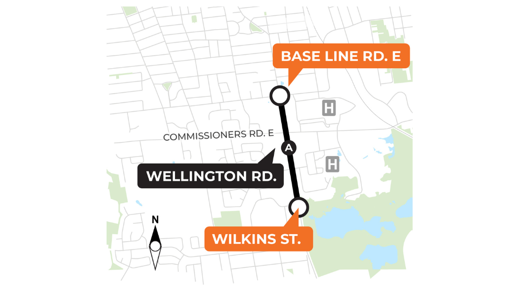 An image depicting where the lane restrictions will occur along Wellington Road.