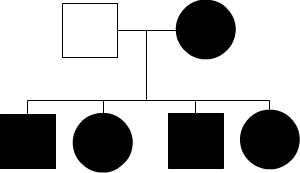 A white square parent, and a black circle parent, have four children. Two children are squares, two children are circles, and all of the children are black.