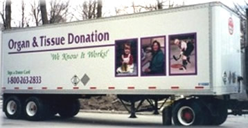 Transport truck displaying organ donation information