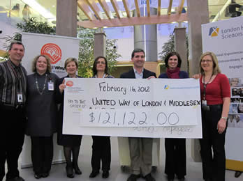 Members of LHSC’s United Way Campaign join LHSC President and CEO, Bonnie Adamson and CEO of United Way London and Middlesex, Andrew Lockie, as the Campaign total is revealed.