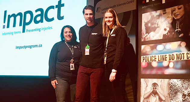The Impact team presents to students at London South Collegiate Institute. From left: Tania Haidar, Injury Project Associate; Brandon Batey, Injury Prevention Specialist; and Jennifer Lindsay, Injury Project Associate.
