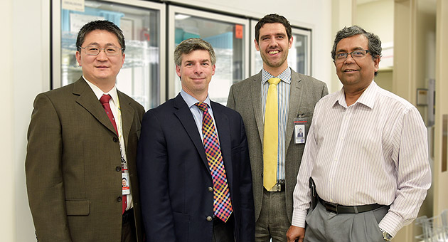 From left, Dr. Qingyong Xu, Glen Kearns, Dr. Mike Kadour, Dr. Subrata Chakrabarti celebrate the official opening of the Transplant Immunology Laboratory at University Hospital.    