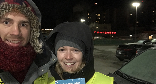 Handing out ice scrapers in the early morning hours are Jennifer Lindsay, Injury Project Associate from LHSC’s Trauma Program, and Brandon Batey, Injury Prevention Specialist with the Trauma Program.