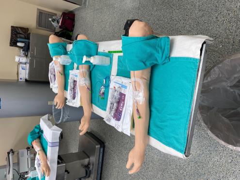 Training arms, provided by CSTAR, are set up with PICC lines, allowing new nurses to practice a sterile dressing change.