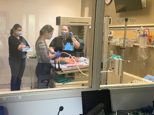 Michelle Lewington, Registered Midwife, helping to assist two students through a neonatal resuscitation