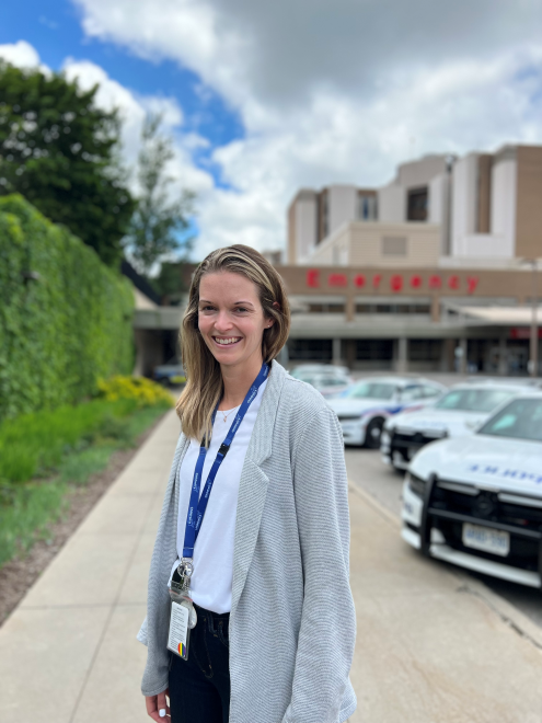 Jennifer Britton, Injury Prevention Specialist, LHSC in front of LHSC's Victoria Hospital Emergency Department