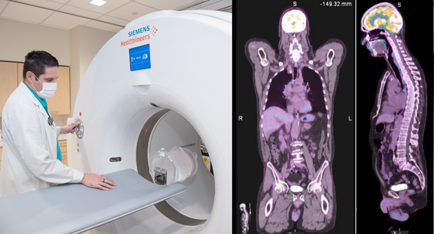 Johnathon MacLennan with a PET CT machine; an image created using PET CT technology