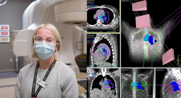 Alyssa Moniz with a Linear Accelerator; a planning image for Radiation Therapy; a Linear Accelerator