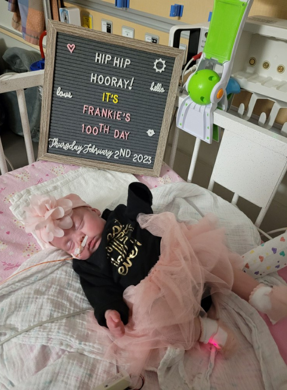 Baby Frankie, born at 25 weeks and 5 days on October 25, to parents Mandi and Gord. Known as the “feisty little warrior” Frankie has been receiving care from LHSC’s Neonatal Intensive Care Unit (NICU) team for 112 days since her birth. 