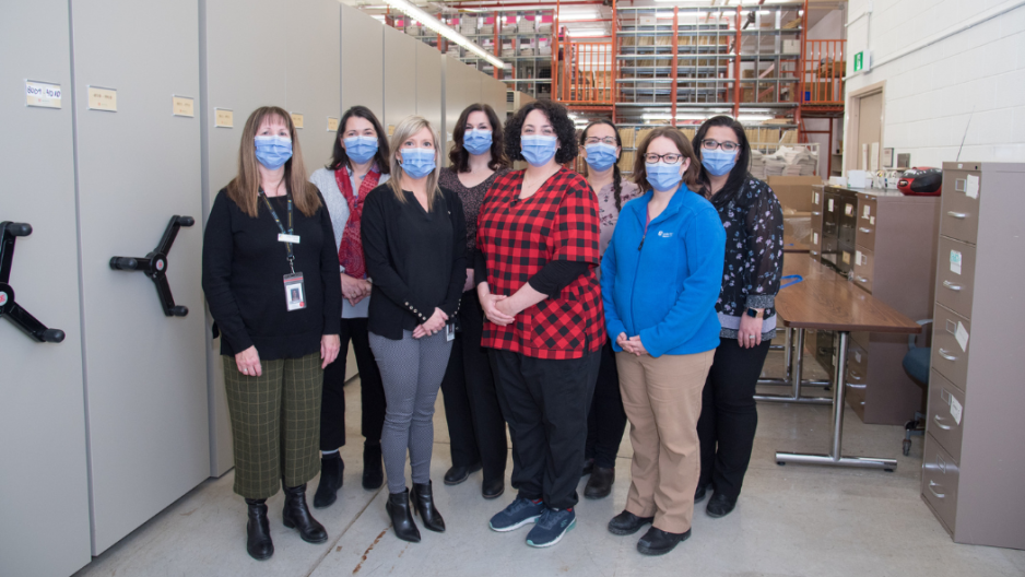 Image (from left to right): Lesley Priestley, Health Information Management (HIM) – Manager; Jennifer McCallum, HIM – Director; Michelle Farrell, HIM – Coordinator; Lindsay French, HIM – Administrative Assistant; Issa Martin, HIM – ROI Associate; Gennie Walton, HIM – Coordinator; Tia Wiebe, HIM – Project Facilitator; Najla HammoudMasaymi HIM – Coordinator.