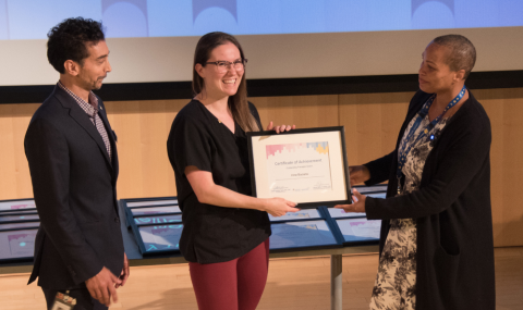 LHSC President & CEO Jackie Schleifer Taylor and Corporate Academic Executive Jatinder Bains presenting an award to Irina Bacanu