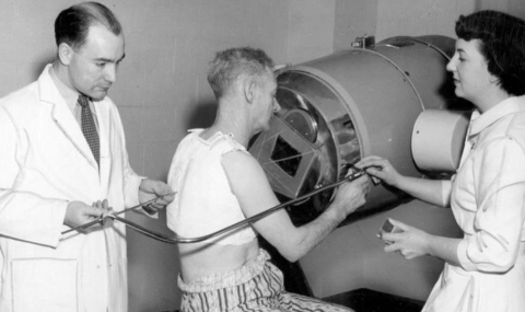 Above: A team using Colbalt-60 to deliver radiation therapy for a cancer patient at LHSC’s Victoria Hospital.
