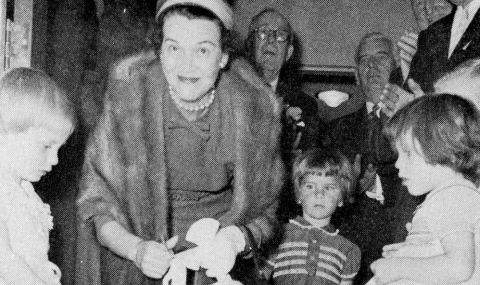 Photo:Official Opening of Cancer Clinic’s New Addition. Mrs. Donald Ness cutting the ribbon, assisted by children of Clinic Doctors.