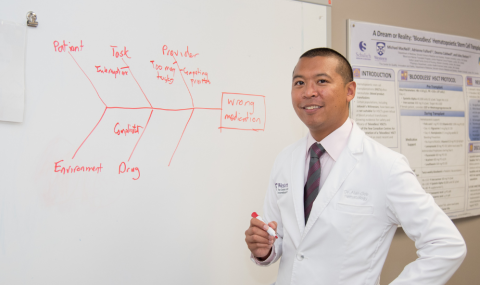 physician smiling at camera standing in front of a whiteboard showing a fishbone diagram used in quality improvement