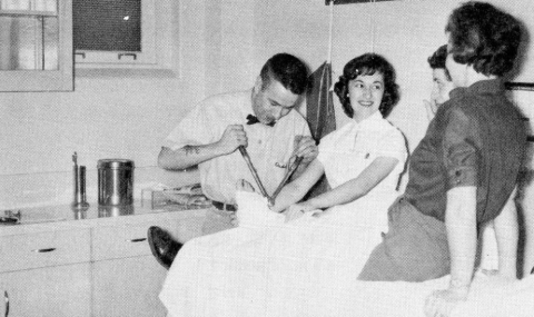 black and white photo of plaster room in Emergency Department in 1960