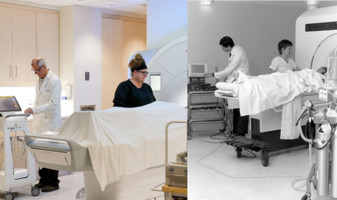 Side by side image of MRI suite in 2025 on the left and 1986 on the right with the same radiologist in background