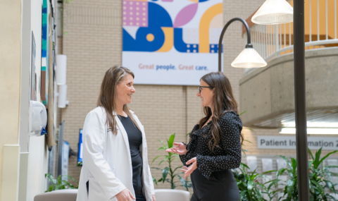 LHSC Nurse Practitioners Amy McCready (left) and Jennifer Moniz (right) help lung, and head and neck cancer patients at the Verspeeten Family Cancer Centre at LHSC access the STOP (Smoking Treatment for Ontario Patients) program from the Centre for Addiction and Mental Health.