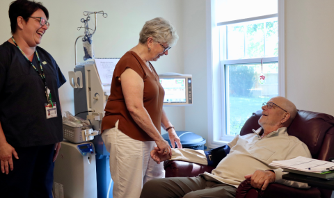 From left: Keri Aitken Toby, Home Hemodialysis Nurse, with Marg and Bob Funston, in the hemodialysis room at the Funston's home.    Photo credit: Brightshores Health System. 