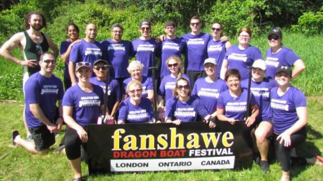 Skeleton Crew celebrates their win of the 2019 Health Care Cup at Fanshawe Dragon Boat Festival. Thumbnail