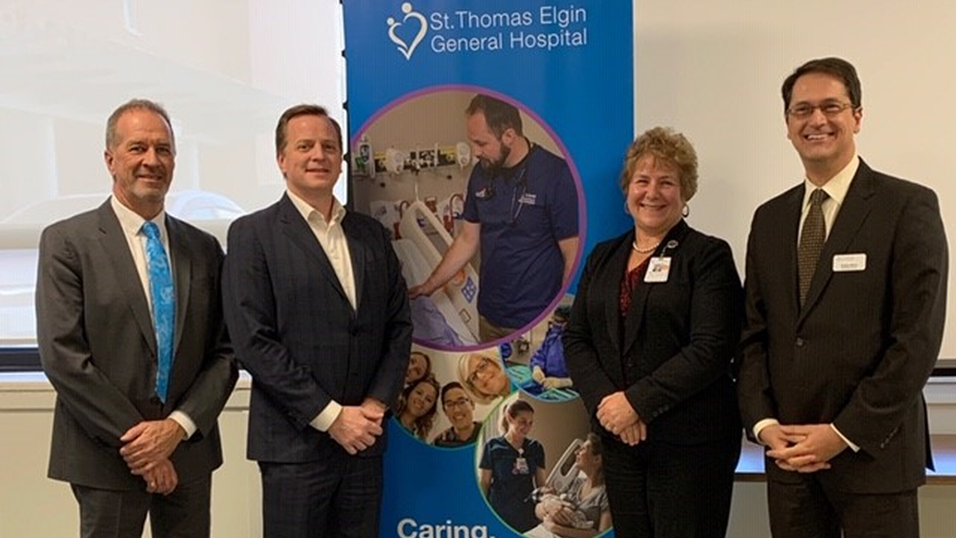 From left, Dr. Paul Woods (President and CEO, LHSC), MPP Jeff Yurek, Dr. Gillian Kernaghan (President and CEO, St. Joseph’s Health Care London), and Robert Biron (President and CEO, St. Thomas Elgin General Hospital) at the funding announcement. Thumbnail