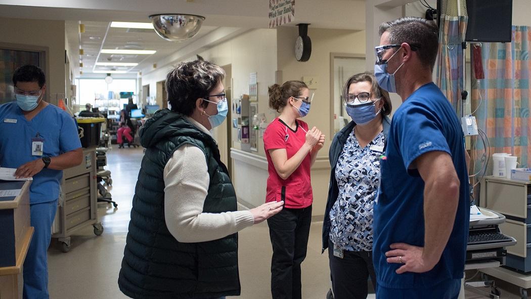 Caption: Carol Young-Ritchie hears from LHSC staff and physicians about their experiences during the third wave of the COVID-19 pandemic