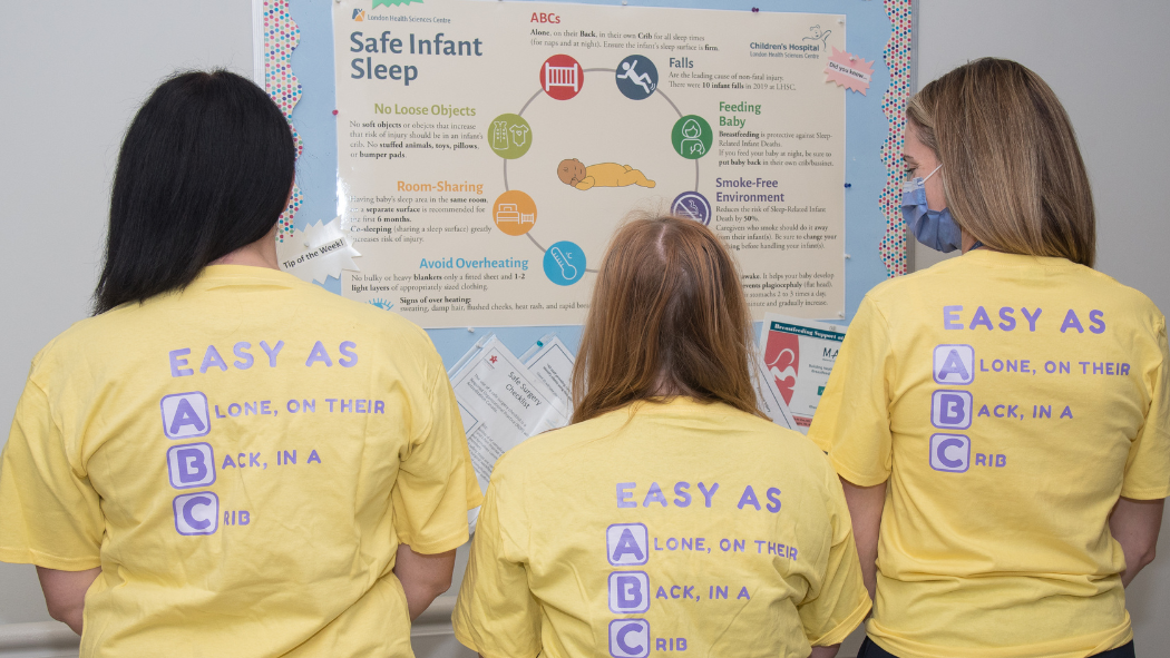 Image of London Health Sciences Centre staff wearing safe sleep t-shirts