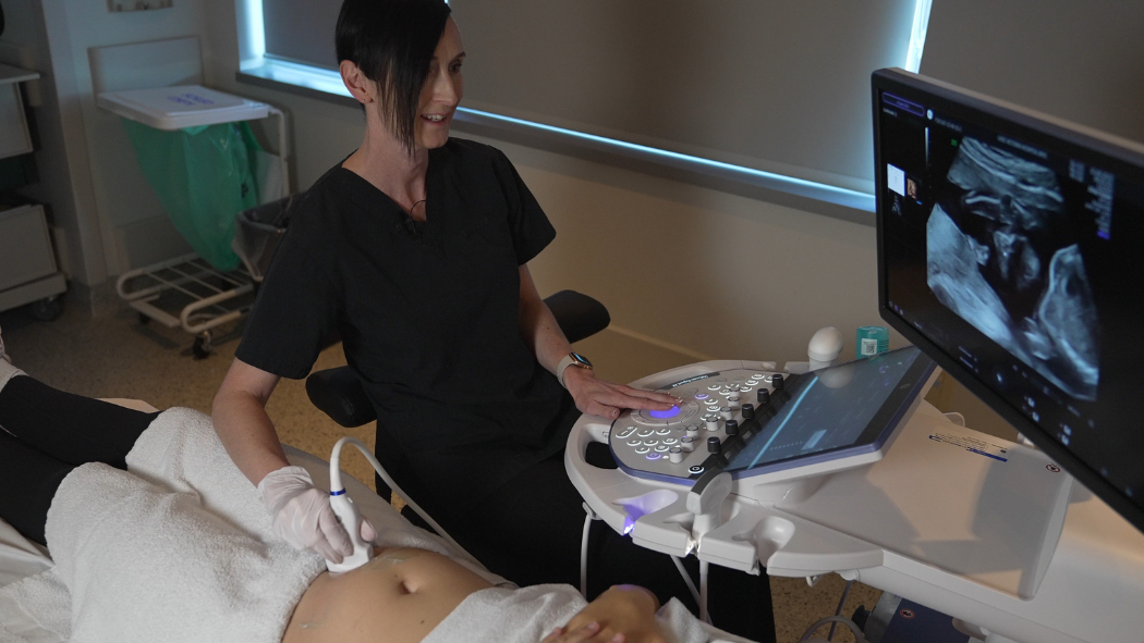 LHSC Sonographer Natasha Quin performing an ultrasound scan with the Voluson™ Expert 22 ultrasound machine