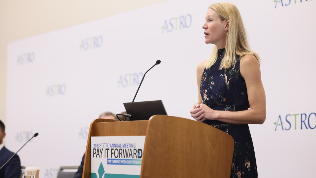 Lead study author Melissa O'Neil speaks at the American Society for Radiation Oncology’s Annual Meeting on Oct. 3, 2023. 