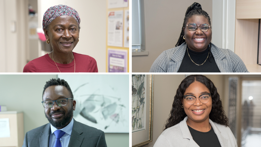 A collage of four portraits of Black members of Team LHSC: Hilreth Jackson, Destiny Jackson, Dr. Jedrin Ngungu and Naomi Esume