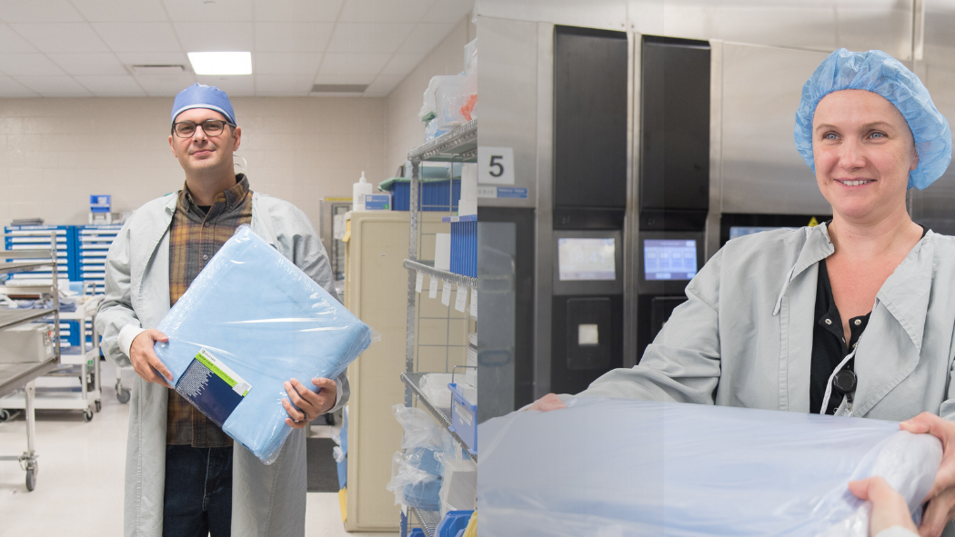 MDR technician holds supplies while another MDR technician accepts supplies