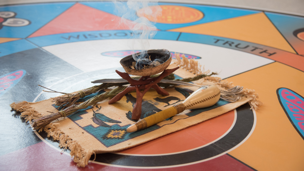 Image: A smudge bowl is placed within the Medicine Wheel at LHSC’s Indigenous Healing Space.