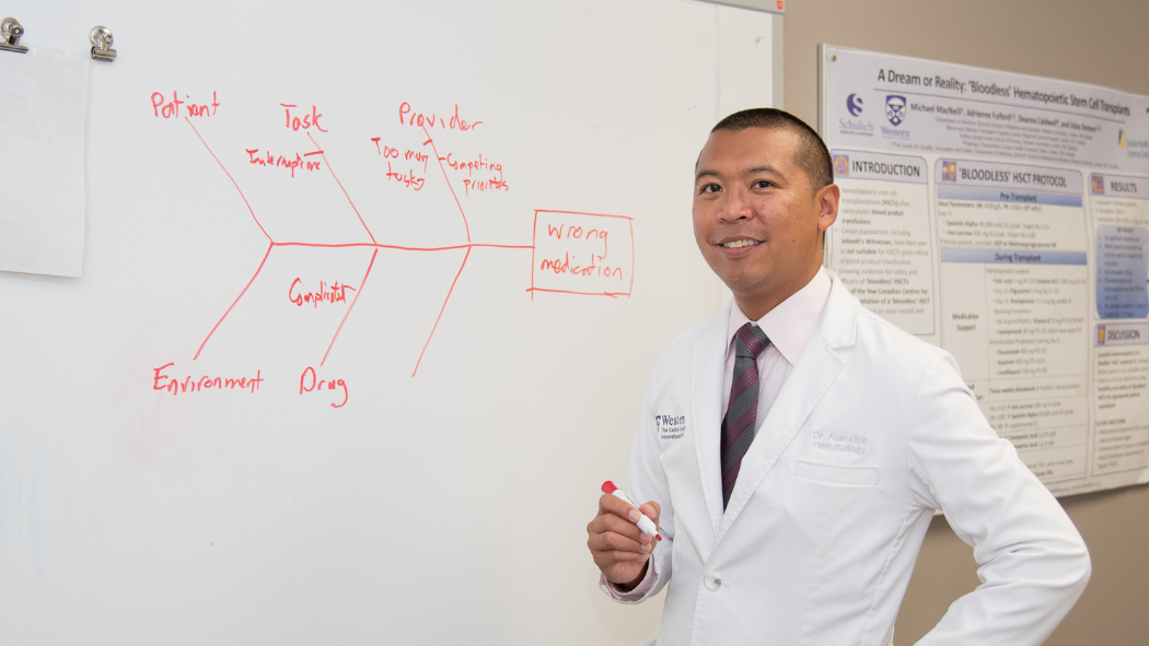 physician smiling at camera standing in front of a whiteboard showing a fishbone diagram used in quality improvement