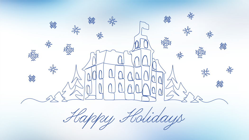 Graphic of London General Hospital in the winter.