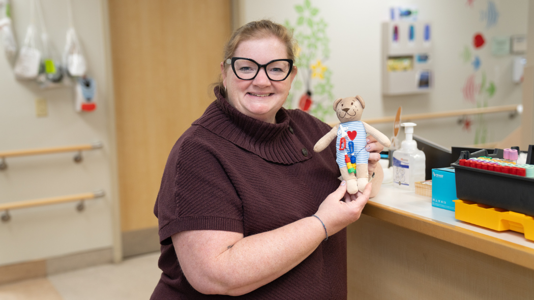 Sarah Lafond holding teddy bear 