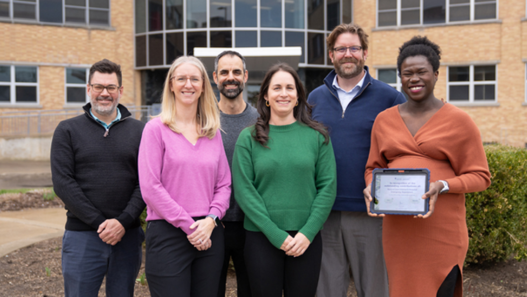 Above: Members of the LHSC Green Team ITS Subcommittee celebrate with successful print reduction partners. From left to right: Stewart Coppins, Kristin Ladd, Mike Apostol, Nerissa Taylor, Andrew Mes and Patricia Fueta who holds the digital certificate recognizing Emergency Departments at Victoria Hospital and Children’s Hospital for their print reduction contributions. 