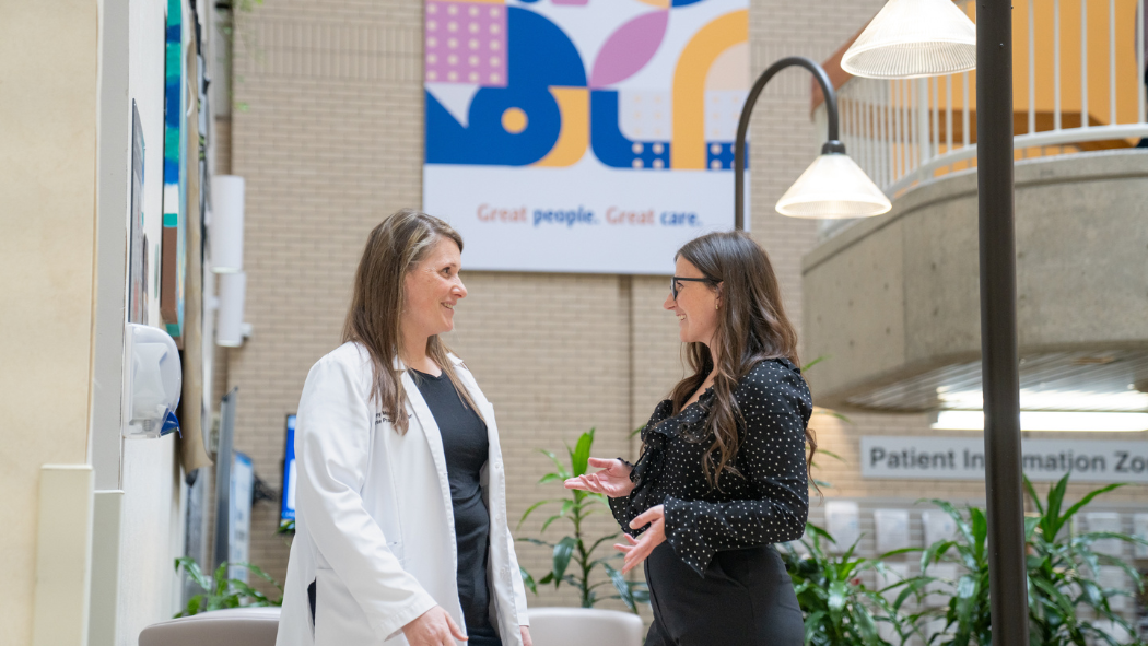 LHSC Nurse Practitioners Amy McCready (left) and Jennifer Moniz (right) help lung, and head and neck cancer patients at the Verspeeten Family Cancer Centre at LHSC access the STOP (Smoking Treatment for Ontario Patients) program from the Centre for Addiction and Mental Health.