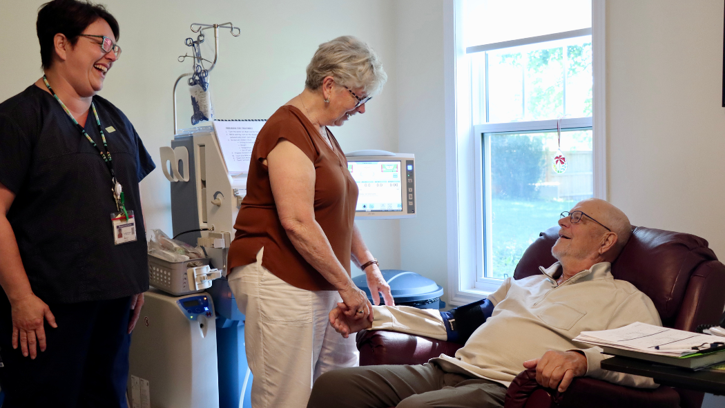 From left: Keri Aitken Toby, Home Hemodialysis Nurse, with Marg and Bob Funston, in the hemodialysis room at the Funston's home.    Photo credit: Brightshores Health System. 